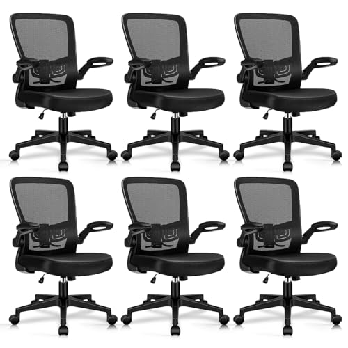 Image of KLASIKA Desk Chairs with Wheels, Ergonomic Mesh Office Chair Adjustable Height and Swivel Lumbar Support Home Office Chair with Flip Up Armrests, Set of 6