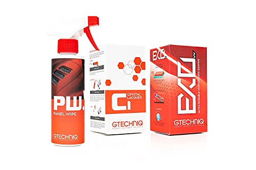 Gtechniq - EXOv4 + C1 Crystal Lacquer + Panel Wipe Kit - All in One Detailing Bundle, Paint Protection, Decontaminate, Great Gloss Retention, Water and Dirt Repellency (50 milliliters)