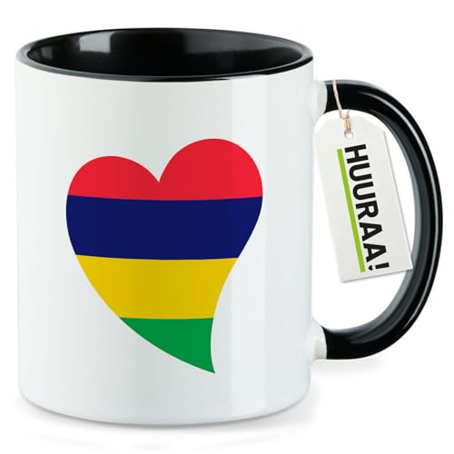 Huuraa Kaffeetasse Mauritius Flagge Herz 330ml Schwarz Keramik Kaffeebecher Geschenkidee
