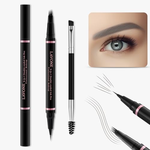 LAVONE Eyebrow Pencil, 2-in-1 Waterproof Eyebrow Pen with 4 Tip Brow Pen and Ultra-Precise Brow Pencil, with Dual-ended Eyebrow Brush, Eyebrow Makeup for Natural Looking Eyebrows - Dark Brown