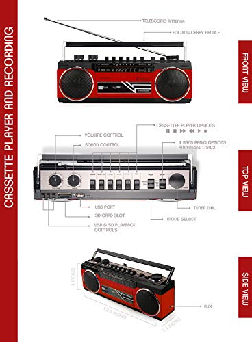 Riptunes Cassette Boombox, Retro Blueooth Boombox, Cassette Player and Recorder, AM/FM/SW-1-SW2 Radio-4-Band Radio, USB, and SD, RED - Thumbnail 5