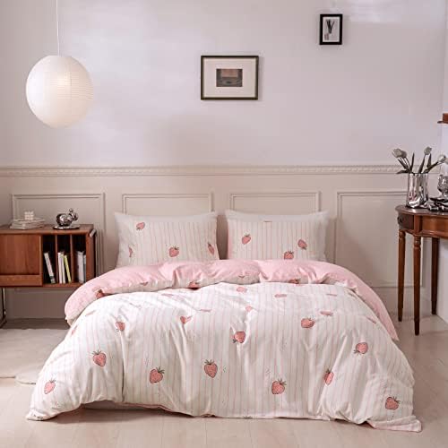 VClife Pink Strawberry Duvet Cover Cotton Twin Pink White Bedding Sets Modern Reversible Plaid Stripe Comforter Quilt Cover Sets & Pillowcases, 1 Twin Size Strawberry Duvet Cover and 2 Pillowcases