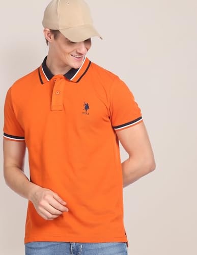 Image of U.S. POLO ASSN. Solid Slim Fit Cotton Polo T Shirt for Men - Breathable, Half Sleeves Mens Tshirt - 5XL, Orange