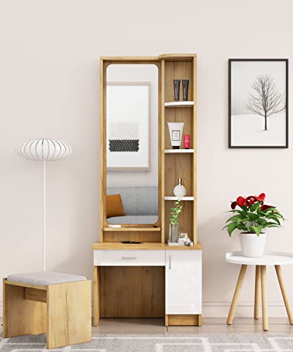 Image of Bniture Wooden Dressing Table for Bedroom with 1 Drawer, Mirror and Huge Storage Space with Stool | Long Dresser Vanity Table with Mirror(40D x 68W x 175H CM) (Giant Wood & Frosty White)