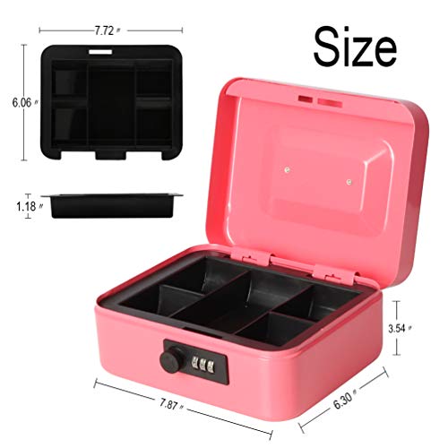 Decaller Cash Box With Combination Lock, Safe Metal Small Locking Box With Money Tray, 7 4/5" X 6 4/5" X 3 3/5" (Small, Pink) #TOP2