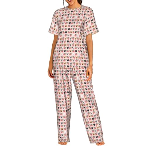 Pyjama bouledogue français pour femme avec short et manches courtes en coton léger