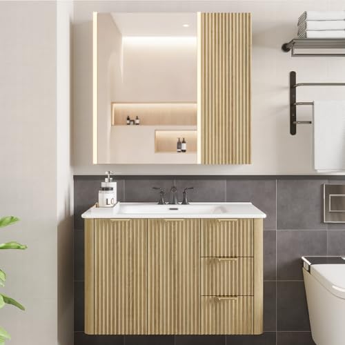 Armario de baño iluminado con espejo, 30 x 28 pulgadas, armario de pared para baño con almacenamiento, luces LED, estantes ajustables, color natural miniatura 3