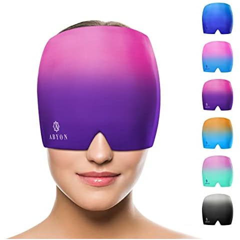 ABYON Migraine and Headache Relief Cap Multicolors, Reusable and Flexible Gel Cold Therapy for Tension Headache, Sinus Pressure, Puffy Eyes, Stress Relief (Pink-Purple) Cover