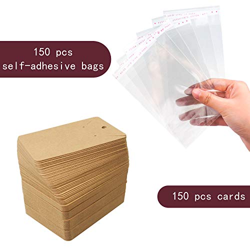 Earring Cards Necklace Display Cards with Bags,150 Earring Display Cards, 150 Pcs Self-Seal Bags, Kraft Paper Tags for DIY Ear Studs(Brown)2