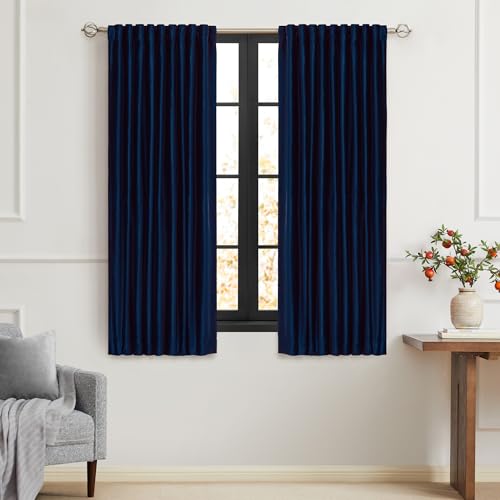 Image of Navy Blue Velvet Curtains 63 inch Long for Living Room,Luxury 2 Panels Room Darkening Rod Pocket Back Tab Curtain Elegant Thermal Insulated Heavy Soundproof Decorative Window Drapes for Bedroom