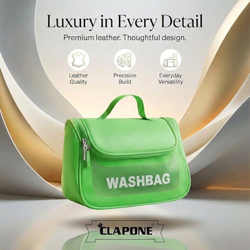 Image of Cosmetic Bag for Women, PU Leather Makeup Pouch, Large Capacity Travel Makeup Organizer with Divider & Handle, Waterproof Portable Vanity Storage Bag for Toiletries (Washing Bag-Green)