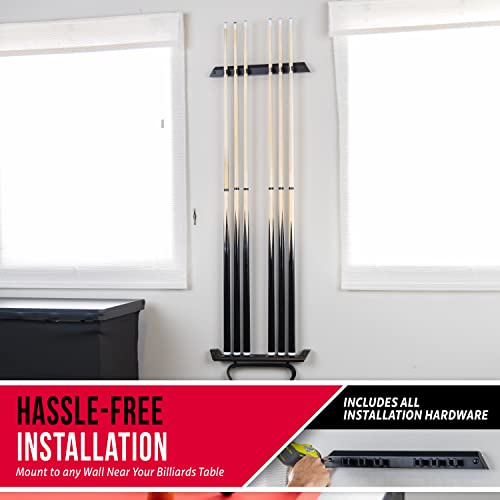 Gosports Wall Mounted Pool Cue Stick Holder - Holds 6 Billiards Cues And 2 Triangle Racks - Black #TOP5
