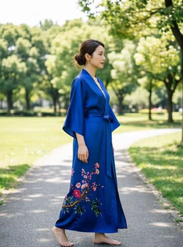 Image of Women's Classic 100% Silk Kimono Robe, Bathrobe-Printed Pattern