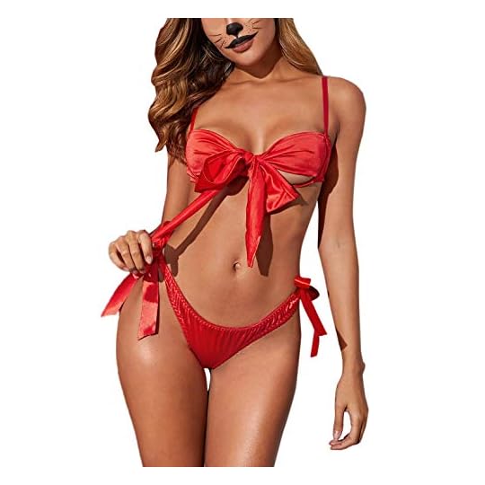 
                            SheIn Women's 2 Piece Bow Tie Silk Satin Strap Bralette Bra and Panty Lingerie Set
                        