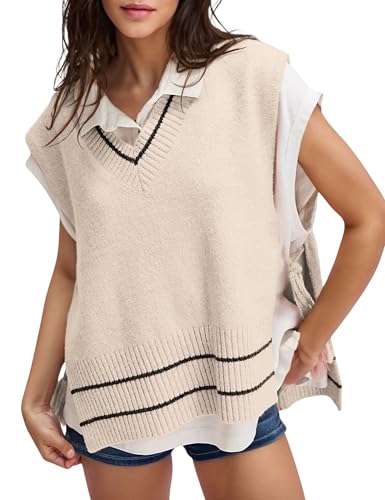Image of Women's V Neck Sweater Vest Loose Knit Sleeveless Poncho Side Binding Fringe Pullover Tank Tops