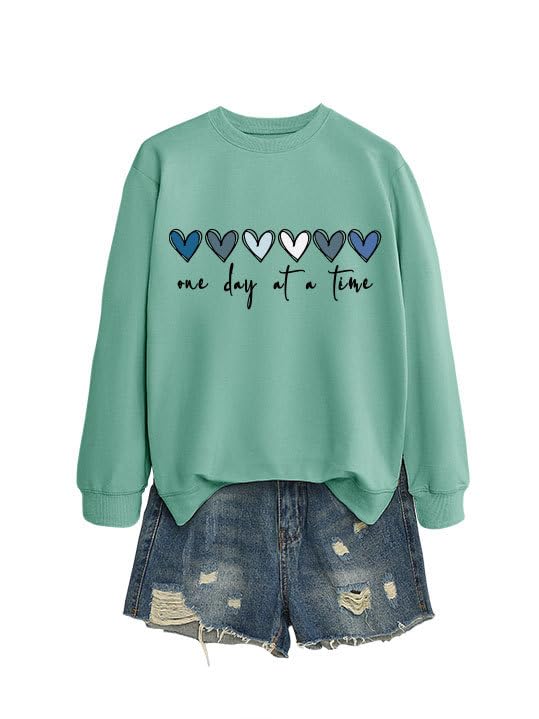 One Day At a Time Sweatshirt Women, Funny Crewneck Long Sleeve Shirt Positive Casual Tops Cute Heart Graphic Pullover3