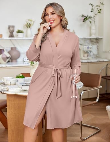 Image of Ekouaer Women Plus Size Robe Knee Length Lightweight Bathrobe Short Kimono Robes with Pockets Maternity Robe