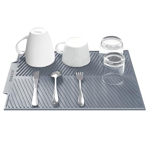 SOQKEEN Alfombrilla Escurreplatos Silicona 43x33cm - Secaplatos con Drenaje Acanalado, Antideslizante y Plegable | Resistente al Calor, Fácil Limpieza | para Platos, Vasos y Ollas - Gris Claro
