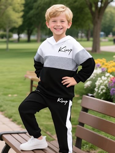 Image of Kids Boys Clothes Color Blocking Hoodie Sweatshirts and Pant 2Pcs Fall Outfits Set Size 5-10
