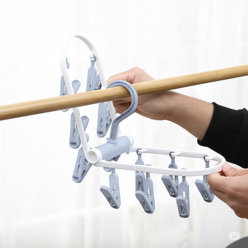 Image of Cloth Drying 12 Clips,360 Degree Portable and Foldable Clips,Baby Clothes Hanger, Clothes Drying Stand,Indoor Clothes Space Saving Hanger, Travel Safe (Grey)