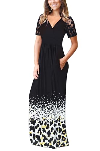 Image of AUSELILY Maxi Dresses for Women Summer Lace Short Sleeve V Neck Wrap Dress | Lace Short Sleeve, Two Pockets, V-Neck Wrap Waist Long Dress