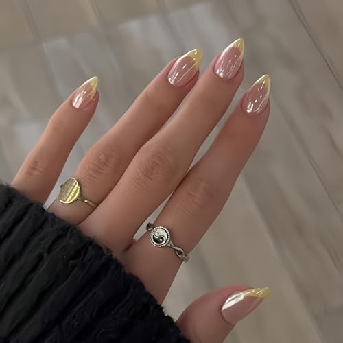 KXAMELIE Chrome Pastel Yellow French Tip Press on Nails Short Almond Shiny Soft Gel Fake Nails with Glazed Sparkle Finish 30 Pcs Glue on Nails Short Stiletto Reusable French Nail Set with Glue