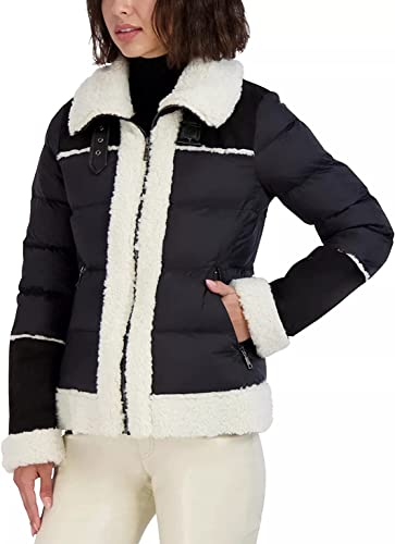 Tahari Selena Faux Shearling Trim Mixed Media Puffer Jacket Coat (As1, Alpha, X_S, Regular, Regular, Xs) #TOP1