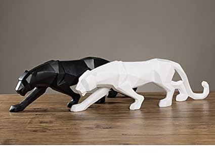 Karigaari India Modern Abstract Black and White Panther Sculpture Geometric Resin Wildlife Decor Gift Craft Ornament Accessories Furnishing.