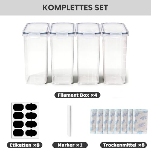 Inreeme Filament Aufbewahrungsbox, 4 Stück Filament Box für 3D-Druck-Filament Versiegelung und Schutz, Wasser- und Staubdichte Filamentaufbewahrung mit Trockenmittel & Etiketten 4,0L