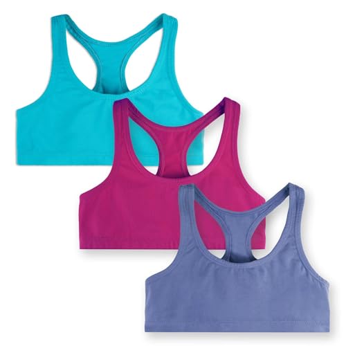 Mightly Girls' Racerback Sports Bra | Organic Cotton Fair Trade Certified 3-Pack Training Bra, Turquoise, Raspberry, Peri, 12