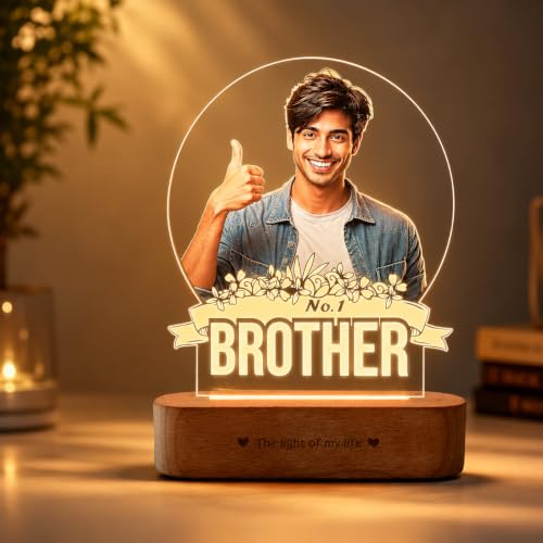 Image of ZOCI VOCI Personalized Rakhi Gifts - No.1 Brother Custom UV Printed LED Photo Lamp, Warm White Acrylic Night Lamp with Wooden Base, Customized Rakshabandhan Gift