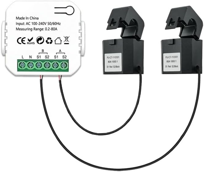 Smart 2-Way Bidirectional Energy Meter with Clamp for Tuya Smart Home, 100-240V AC, 0.2A–80A, Real-Time Power/Voltage/Current/Frequency Monitoring, kWh Tracking for Home Energy Management