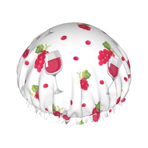Gorro de ducha de doble capa con estampado de copa de vino de uva roja, reutilizable, impermeable, gorro de ducha grande para mujer, gorro de ducha para ducha con forro de Peva y cuerda elástica