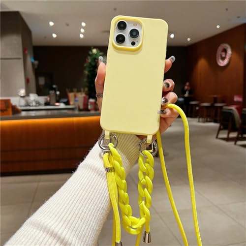 Coque iPhone 15 Pro sangle chaîne jaune antichoc en TPU