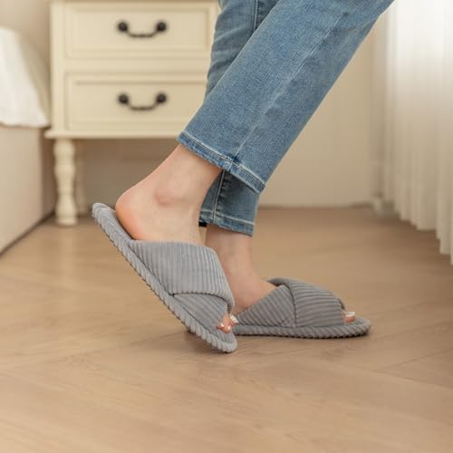 Image of GOEWY Slippers for Women Memory Foam House Bedroom Corduroy Crossbands Open Toe Slides Sandals Shoes Comfy Trendy Gift for womens Anti-Skid sole