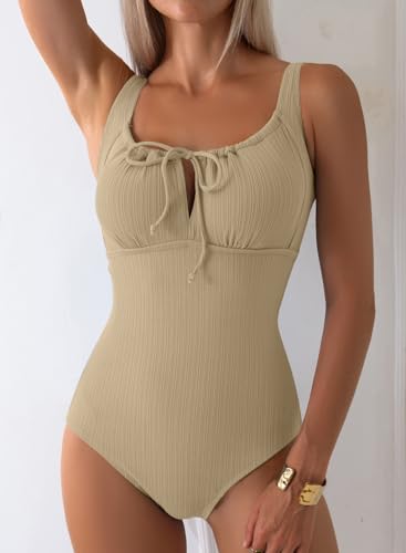 Image of Aleumdr Womens Textured One Piece Swimsuit Tummy Control Bathing Suit Tie Knot Cutout Swimwear