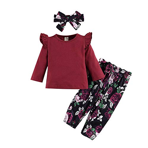 3Pcs Toddler Girl Clothes,Solid Color Long Sleeves Ruffle Top+ Floral Pant +Floral Headband Fall Winter Set (Wine Red, 3-4 T?110?)