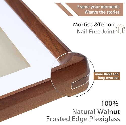 Image of 18x24 Picture Frame with Mat for 16x20, USA-Sourced Natural Walnut Wood Handcrafted Rounded Corner with Plexiglass, Vertical or Horizontal Display Photo Gallery Poster Wall Mounting Frame