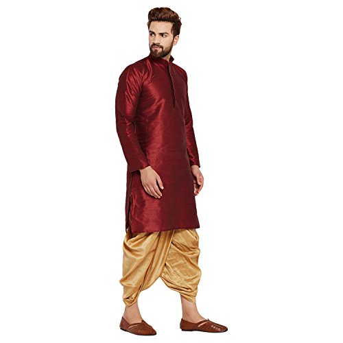 Image of SOJANYA (Since 1958 Men's Off-White and Gold Dupion Silk Dhoti Kurta Set