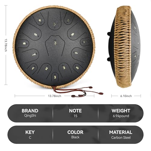 Image of Steel Tongue Drum-14 Inch 15 Notes Tongue Drums, Steel Drum Instrument for Adults, Handpan Drums with Music Book, Handpan Drum Mallet, and Carry Bag, C Major (Black)