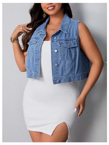 MakeMeChic Women's Plus Size Denim Vest Button Down Flap Pocket Jean Sleeveless Collar Crop Jacket Cowgirl Outfits3