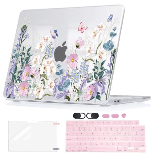 Seanai Elegant Pink Floral Butterfly Hard Shell Case for 2026 Apple MacBook Neo 13 A18 Pro A3404 All-in-One Protective Kit with Keyboard Skin, Screen Protector, Dust Plugs & Webcam Cover