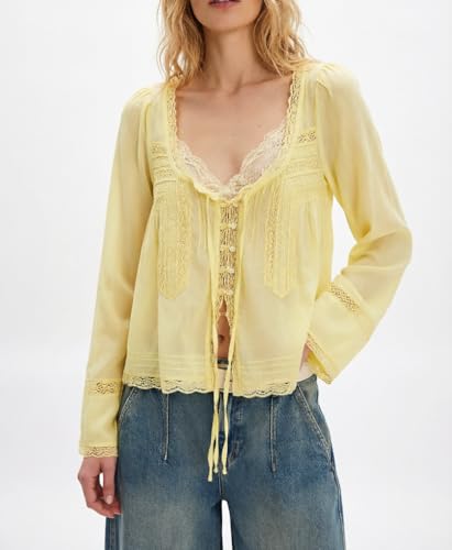 Image of Women Summer Sheer Tie Front Top Y2k Peplum Chiffon Blouse Eyelet Long Sleeve Flowy Lace Beach Cover Up Boho Tops