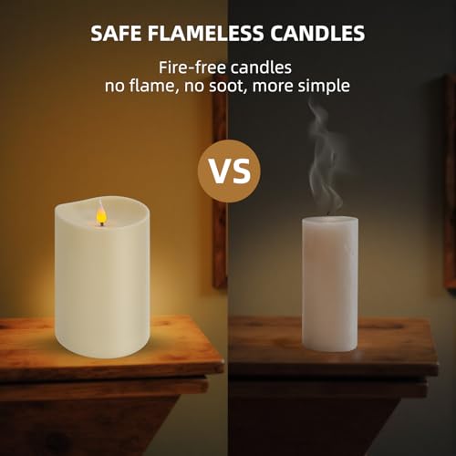 Image of Set of 2 Flameless LED Candles with 2 Remotes, 4x6 Inch Battery Powered Plastic Pillar Candles, Flickering Flame with Timer & Dimming, Ivory - Elegant, Safe Lighting for Home, Wedding, Holiday