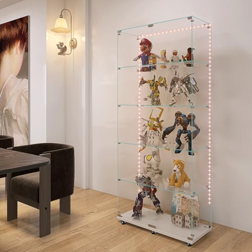 Glass Display Cabinet with LED Lights and Wheels