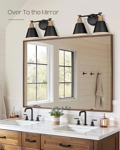 Image of FEMILA Black Bathroom Light Fixtures, 2-Light Bathroom Vanity Lights Over Mirror with Hammered Metal Shade, Modern Wall Sconces Lighting for Kitchen Bedroom Living Room, 4FG59B-2W BK