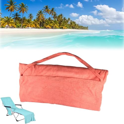 Sun Lounger Towel in Bag with Pockets Storage, Cover Towel Pool Chair Cover with Side Pockets, Large Extra Long Beach Towels, for Sunbathing, Patio, Garden, Swimming Pool & Courtyard (Watermelon red)