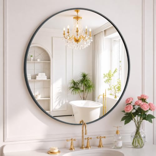 Image of Simple Deluxe 24 Inch Round Bathroom Mirror, Black Vanity Mirror with Metal Frame, Modern Circle for Bathroom, Entryway, Bedroom, Living Room, Wall Mounted Decorative Mirrors (Black)