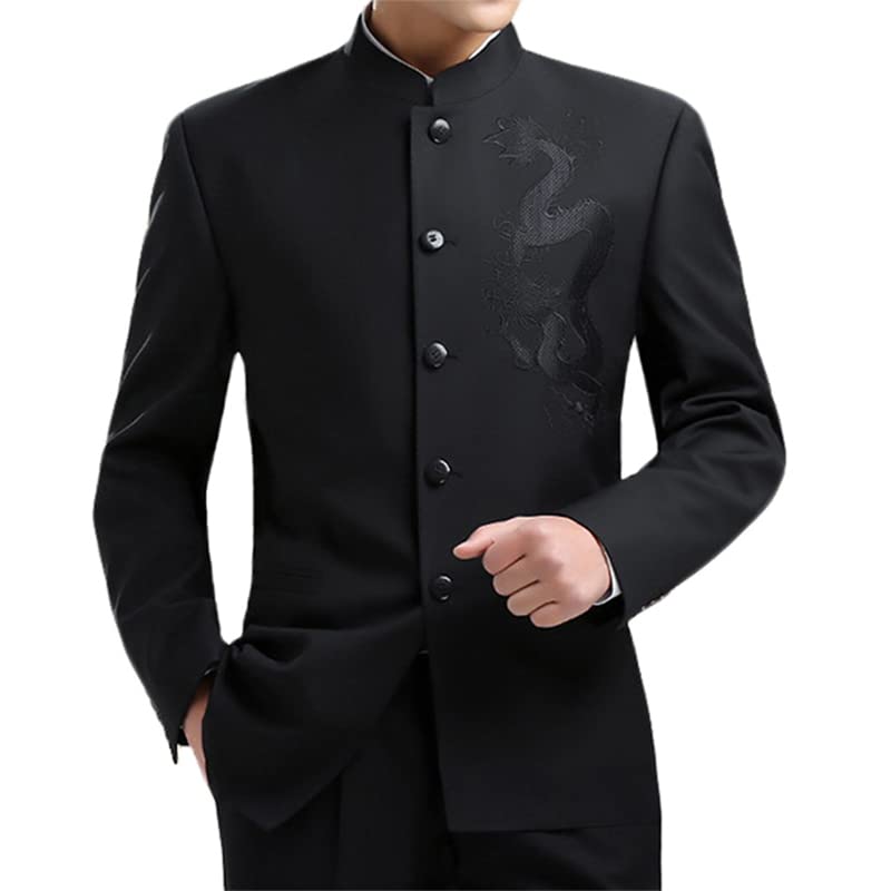 Aoleaky Oriental Dragon Embroidery Men Tunic Suit Jacket Black Stand Collar Chinese Style Kung Fu Zhongshan Coat3