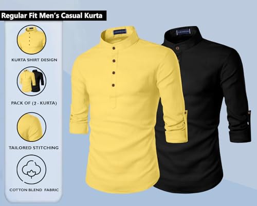 Image of Zombom Men's Combo Cotton Polyester Blend Solid Full Sleeve Straight Regular Fit Mandarin /Chinese Collor Kurta (Pack of 2)